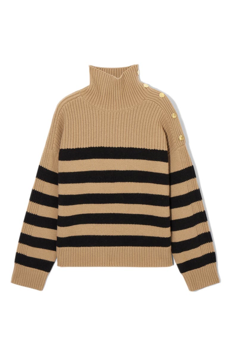 COS Stripe Button Shoulder Mock Neck Wool Sweater, Alternate, color,