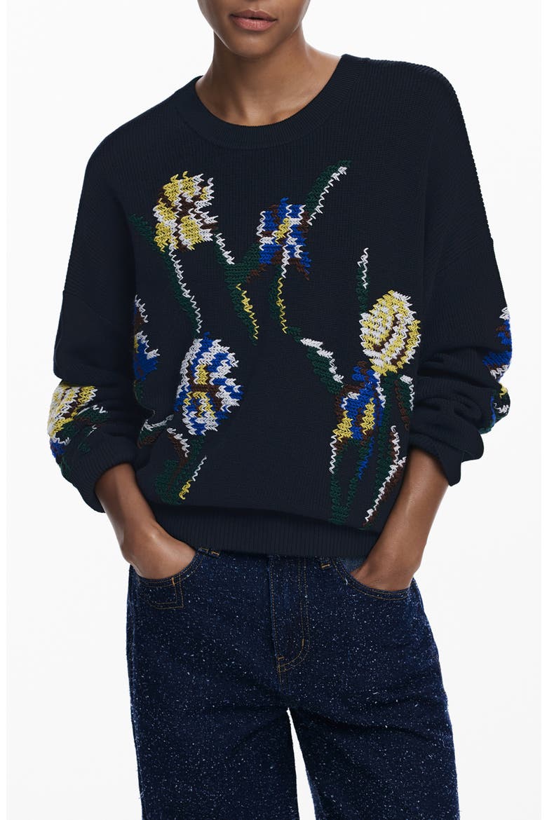 Floral Embroidered Sweater, Main, color, BLACK
