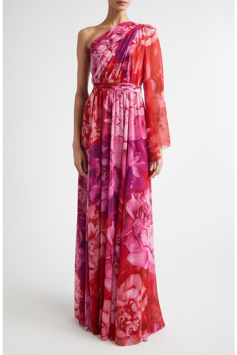 Le Jardin Print Georgette One-Shoulder Gown, Main, color, CHERRY PINK / PEONY MULTI