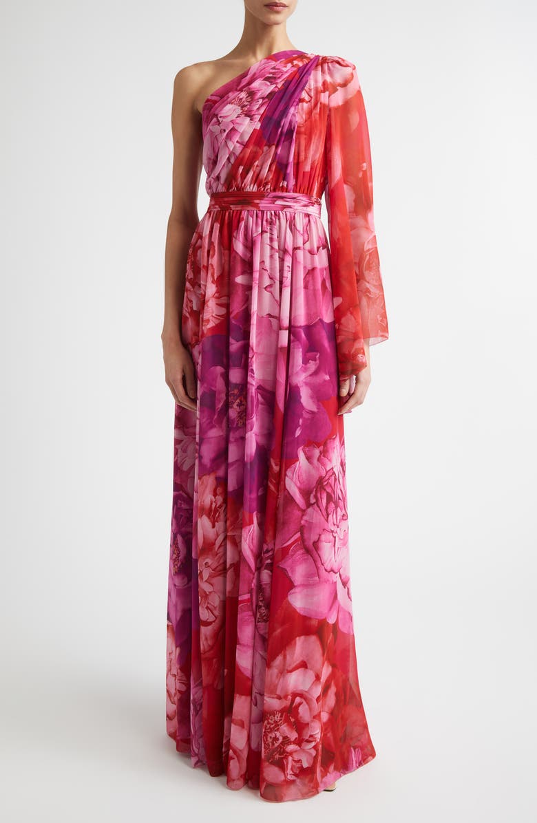 ST. JOHN Le Jardin Print Georgette One-Shoulder Gown, Main, color, Cherry Pink / Peony Multi