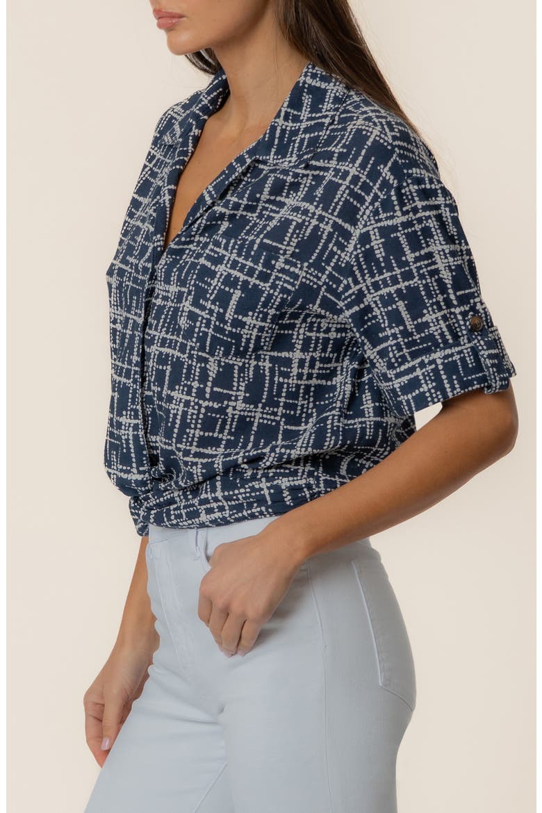 Rebel Printed Knot Front Linen Blend Top, Alternate, color, LEEDS NAVY/IVORY