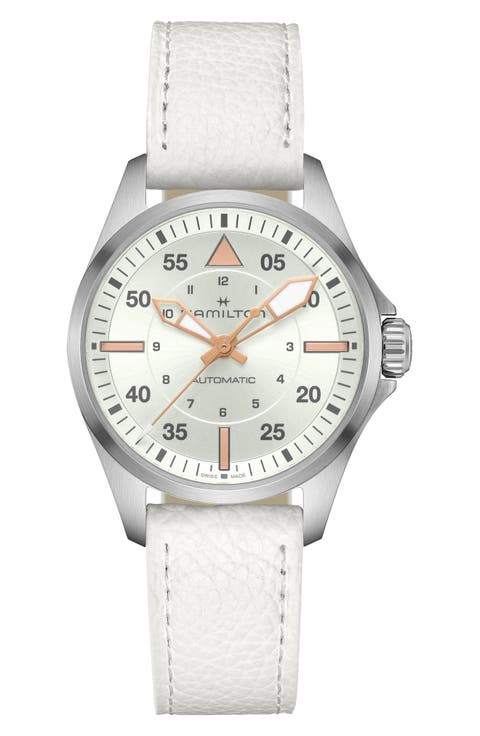 Khaki Aviation Pilot Automatic Leather Strap Watch, 36mm