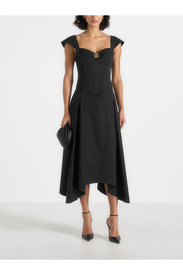 Faith Cap Sleeve Corset Cotton Midi Dress, Main, color, Black
