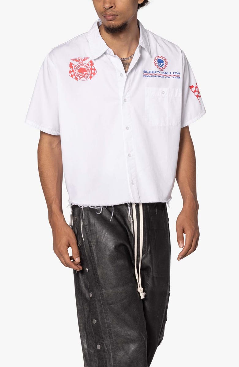 mnml SHRC Pit Crew Fray Hem Crop Button-Up Shirt, Alternate, color, 