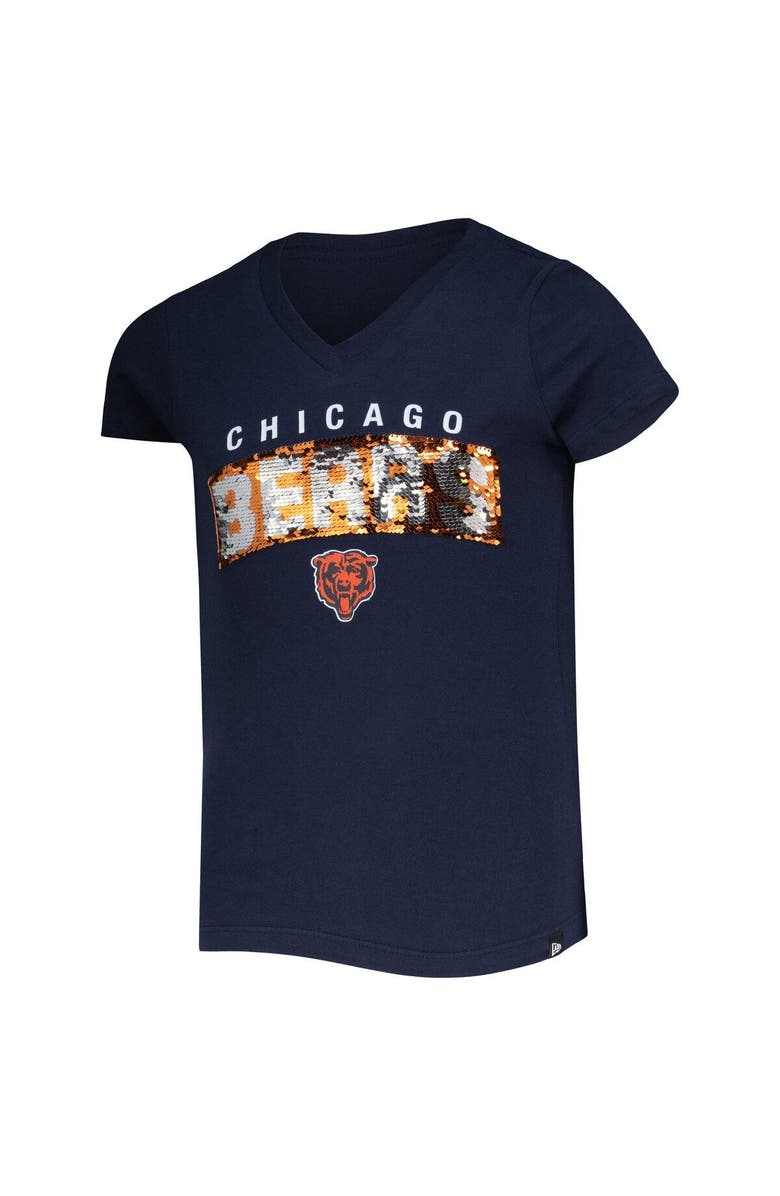 New Era Girls Youth New Era Navy Chicago Bears Reverse Sequin Wordmark V-Neck T-Shirt, Alternate, color, 