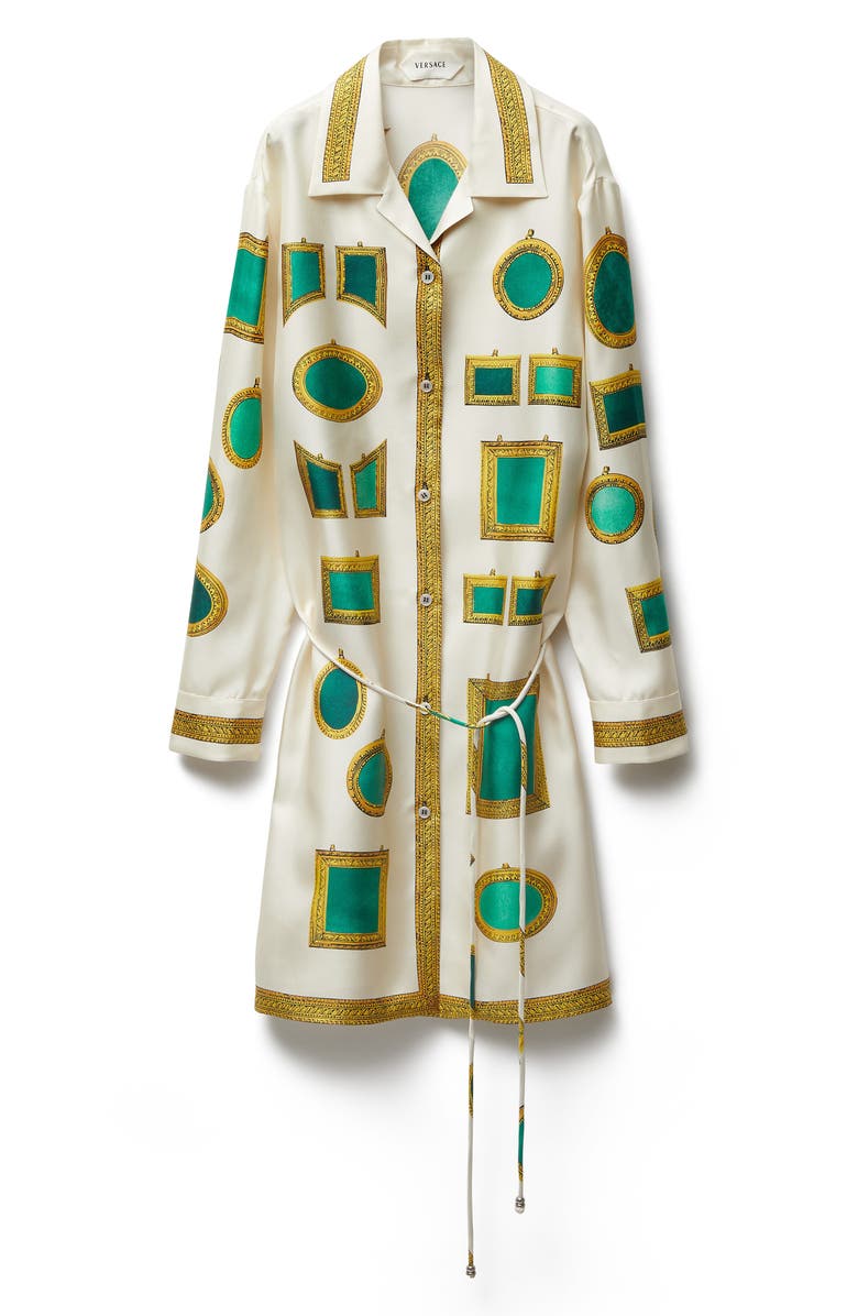 Versace Print Long Sleeve Silk Twill Shirtdress, Alternate, color, Ivory Emerald