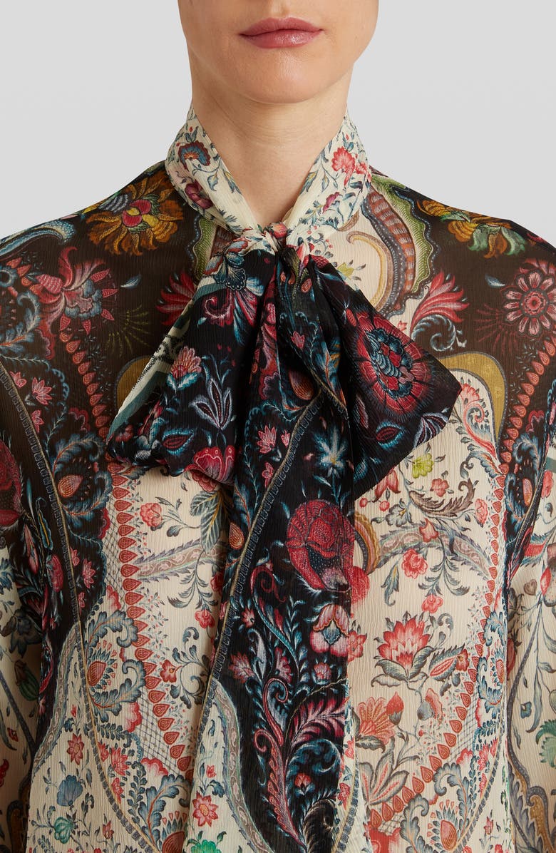 Etro Santa Barbara Paisley Floral Print Tie Neck Silk Blouse, Alternate, color,