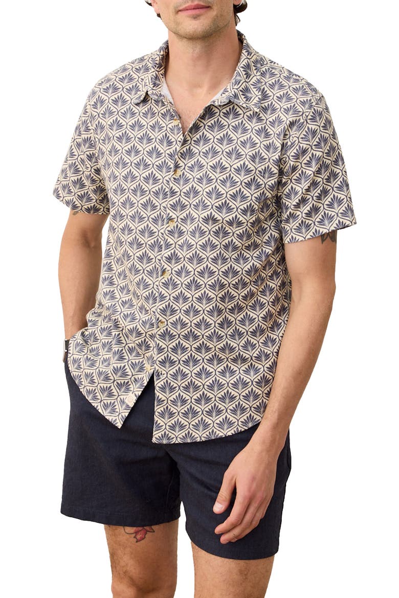 Leaf Print Short Sleeve Stretch Cotton Selvage Button-Up Shirt, Main, color, INDIA INK AGAVE PRINT