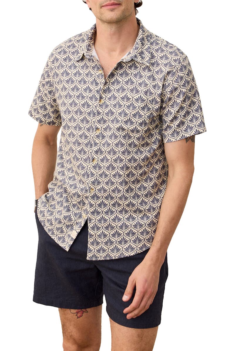 Marine Layer Leaf Print Short Sleeve Stretch Cotton Selvage Button-Up Shirt, Main, color, India Ink Agave Print