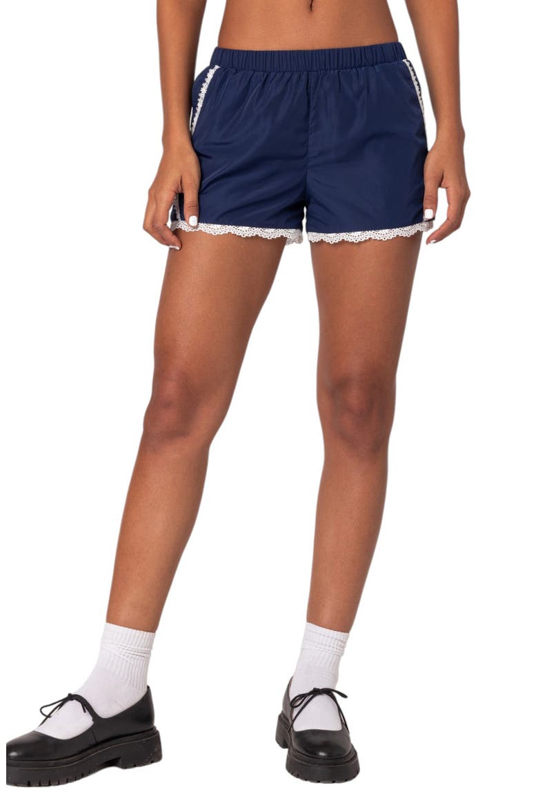 Kallie Lace Trim Track Shorts, Main, color, NAVY