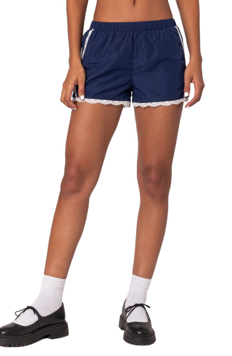 EDIKTED Kallie Lace Trim Track Shorts, Main, color, Navy