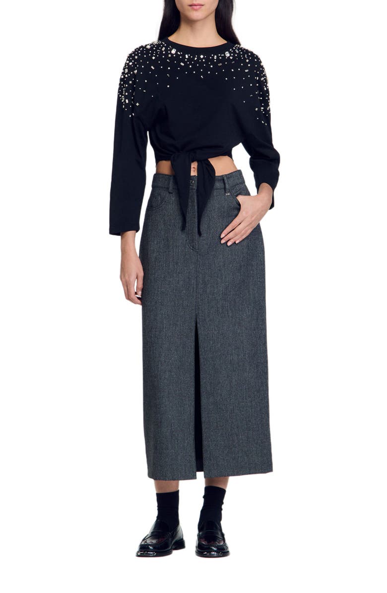 SANDRO Rhinestone tie-front T-shirt, Alternate, color, 