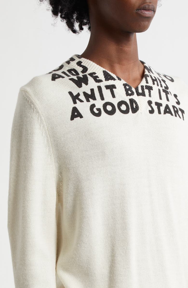 MM6 Maison Margiela Virgin Wool Blend V-Neck Sweater, Alternate, color, Off White-Black