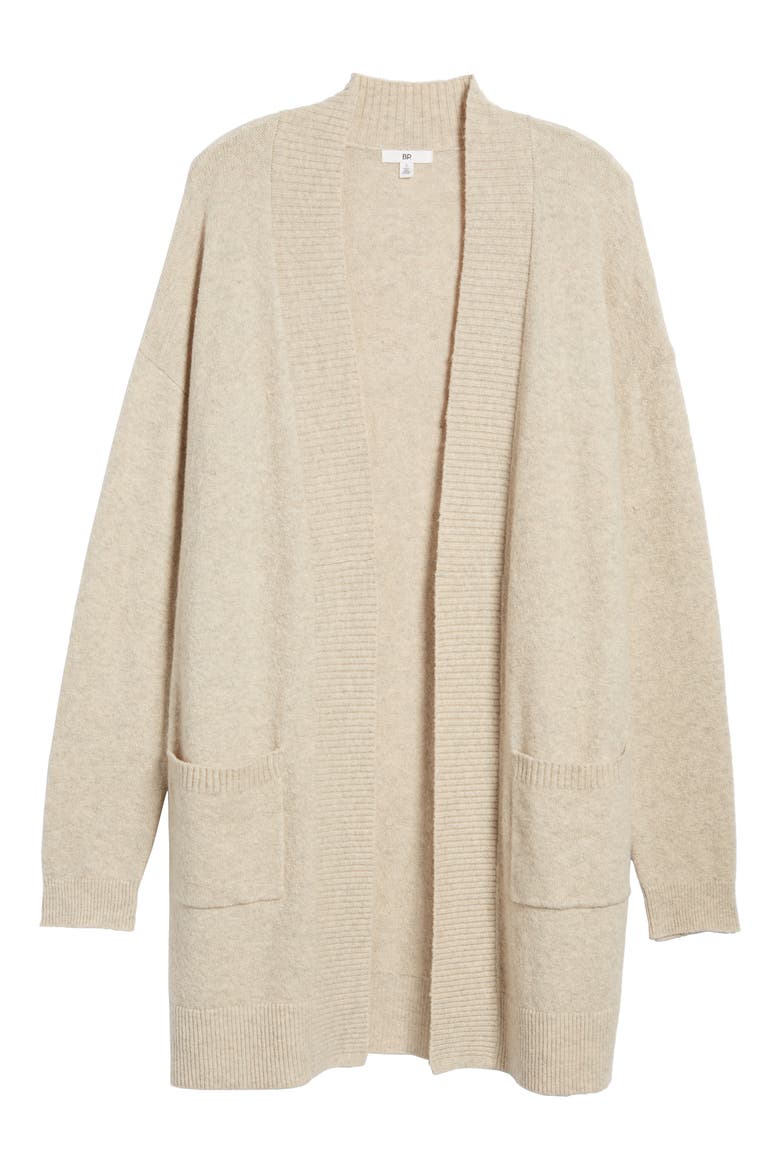 Rib Trim Long Cardigan, Alternate, color, BEIGE OATMEAL MEDIUM HEATHER