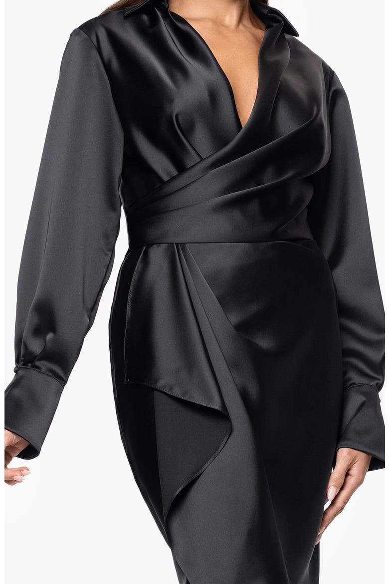 Long Sleeve Satin Wrap Cocktail Dress, Alternate, color, BLACK