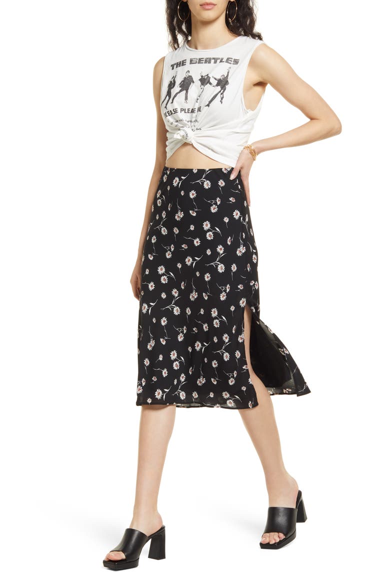 Floral Print Side Slit Midi Skirt, Alternate, color, BLACK DAISY