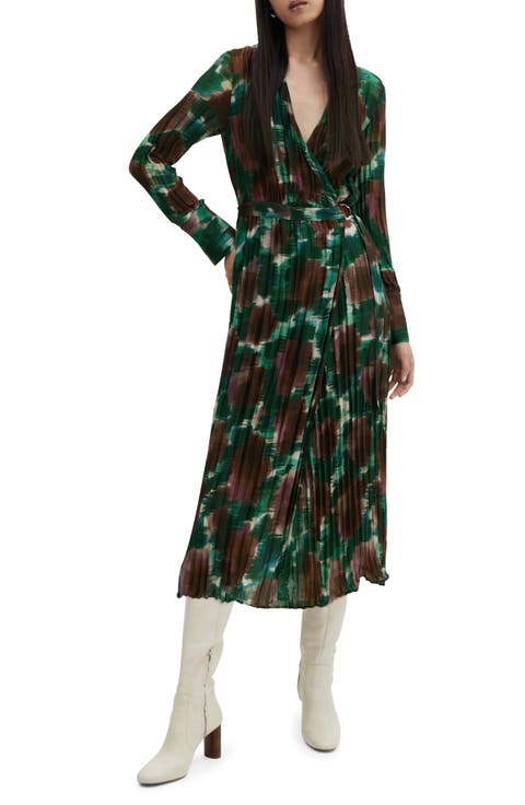 Abstract Print Pleated Belted Long Sleeve Midi Wrap Dress