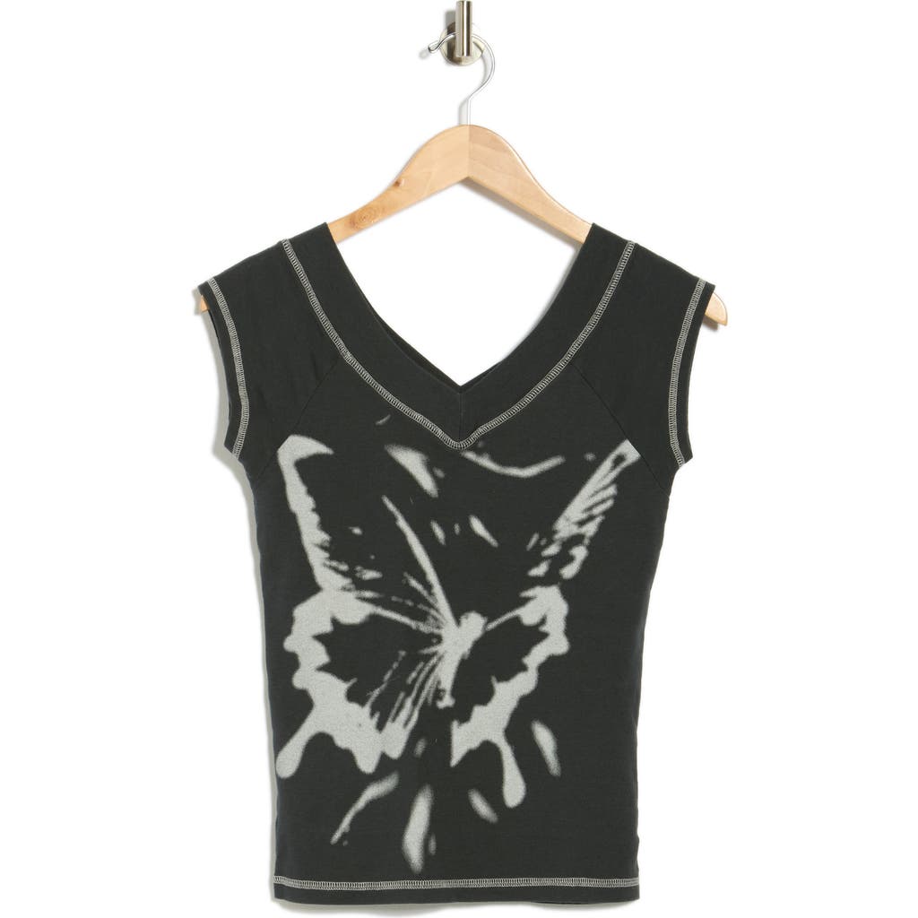 Bdg Urban Outfitters Shannen Butterfly Shadow Cap Sleeve Top In Black