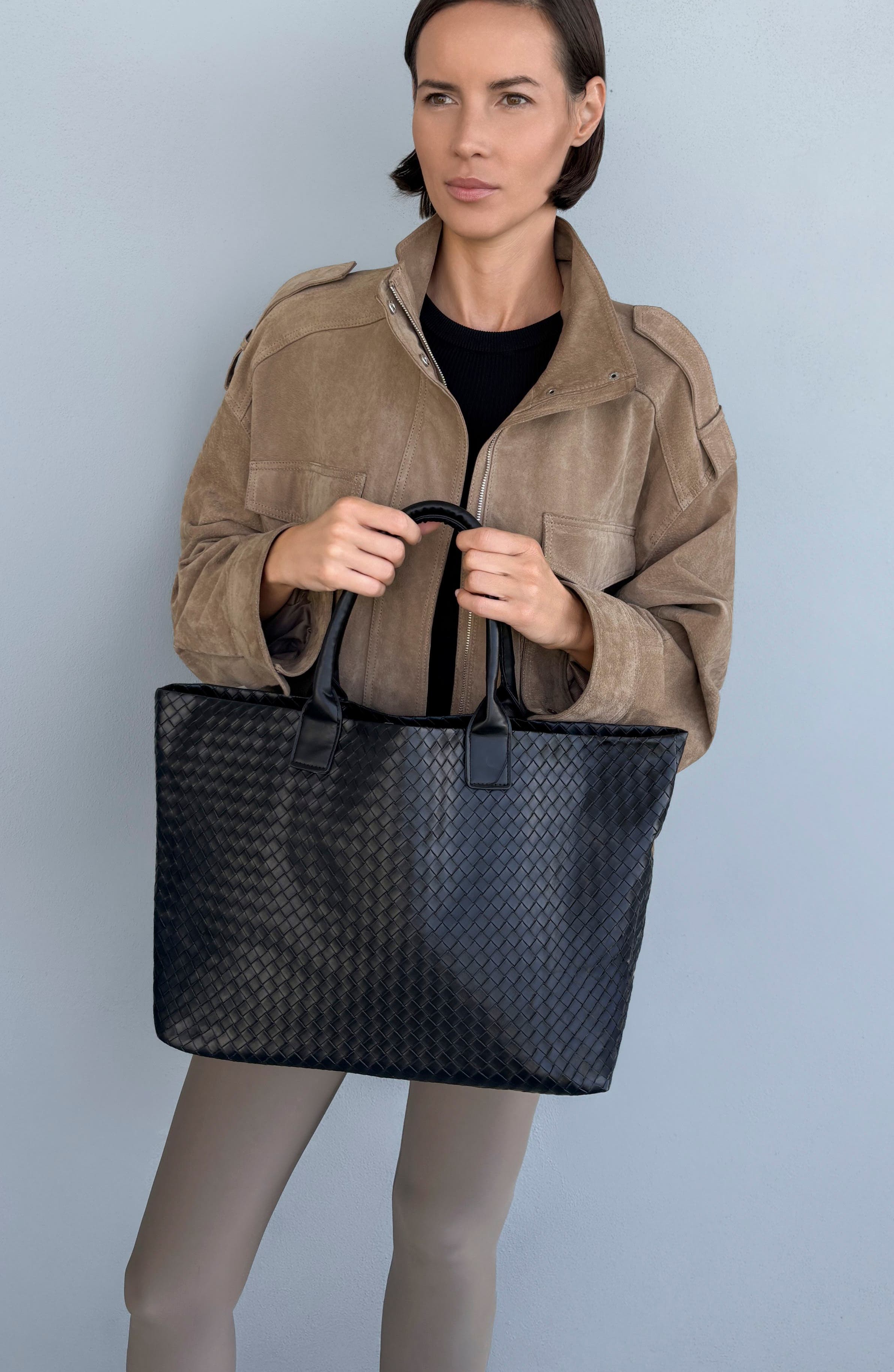 Woven Faux Leather Tote, Alternate, color, BLACK