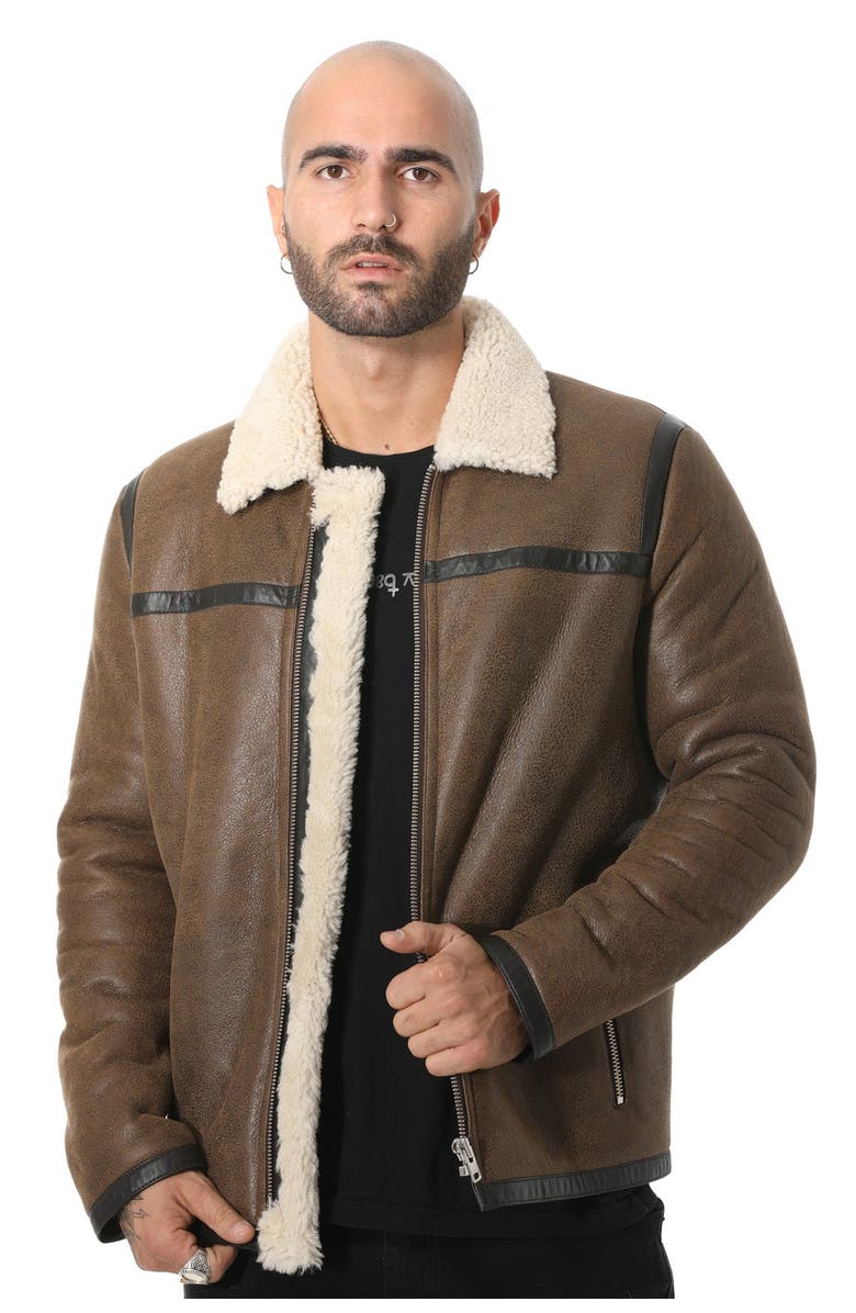Furniq UK Hugh Leather Shearling Jacket, Alternate, color, Camel Brown