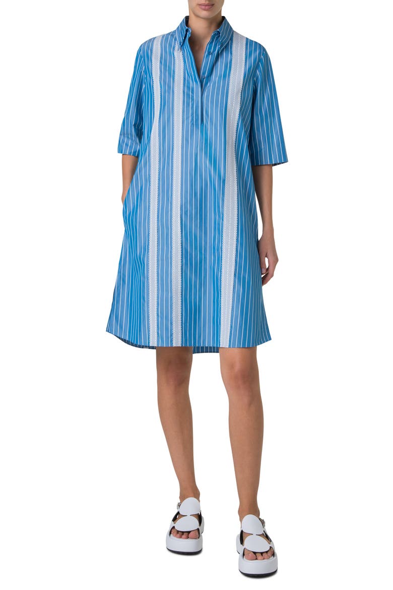 Pajama Stripe Cotton Poplin Belted Shirtdress, Main, color, MEDIUM BLUE-CREAM