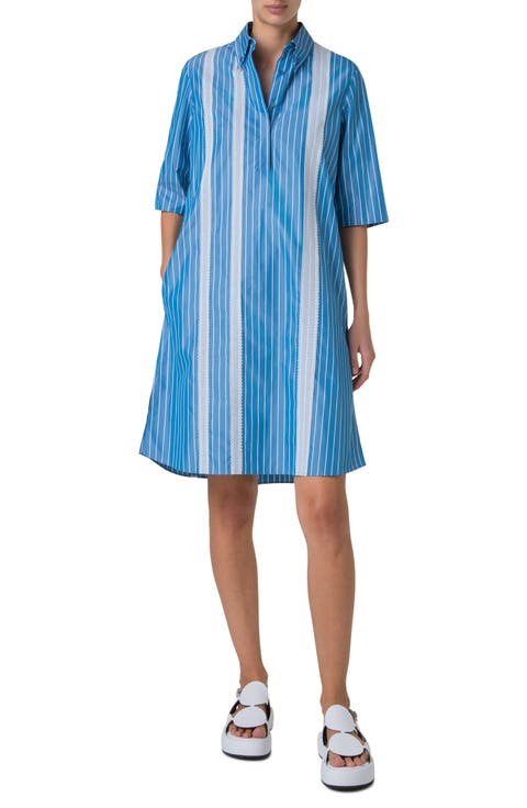 Pajama Stripe Cotton Poplin Belted Shirtdress