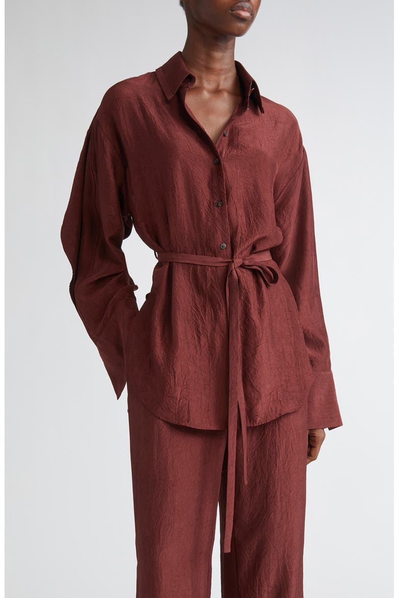 Oversize Belted Crinkled Satin Button-Up Top, Main, color, MEDJOOL