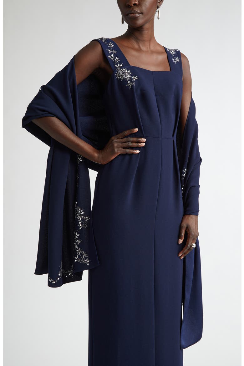 Satin Back Crepe Dress with Bow & Shawl, Alternate, color, MIDNIGHT