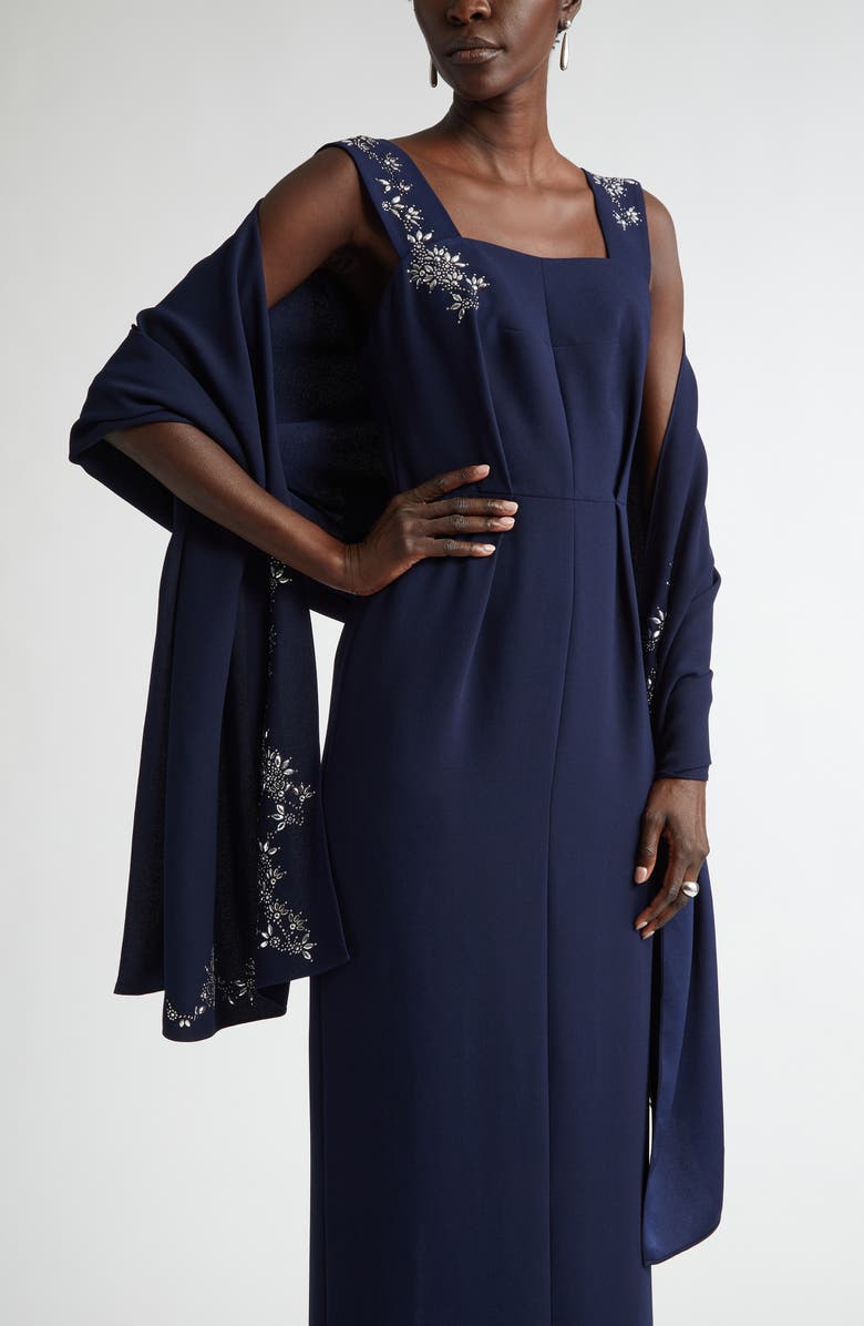 ST. JOHN Satin Back Crepe Dress with Bow & Shawl, Alternate, color, Midnight