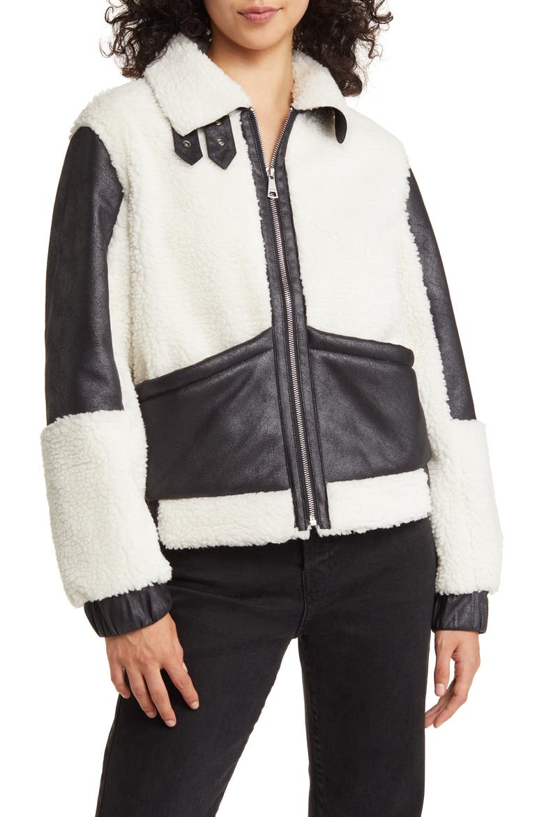 Faux Shearling & Faux Leather Jacket, Alternate, color, BLACK