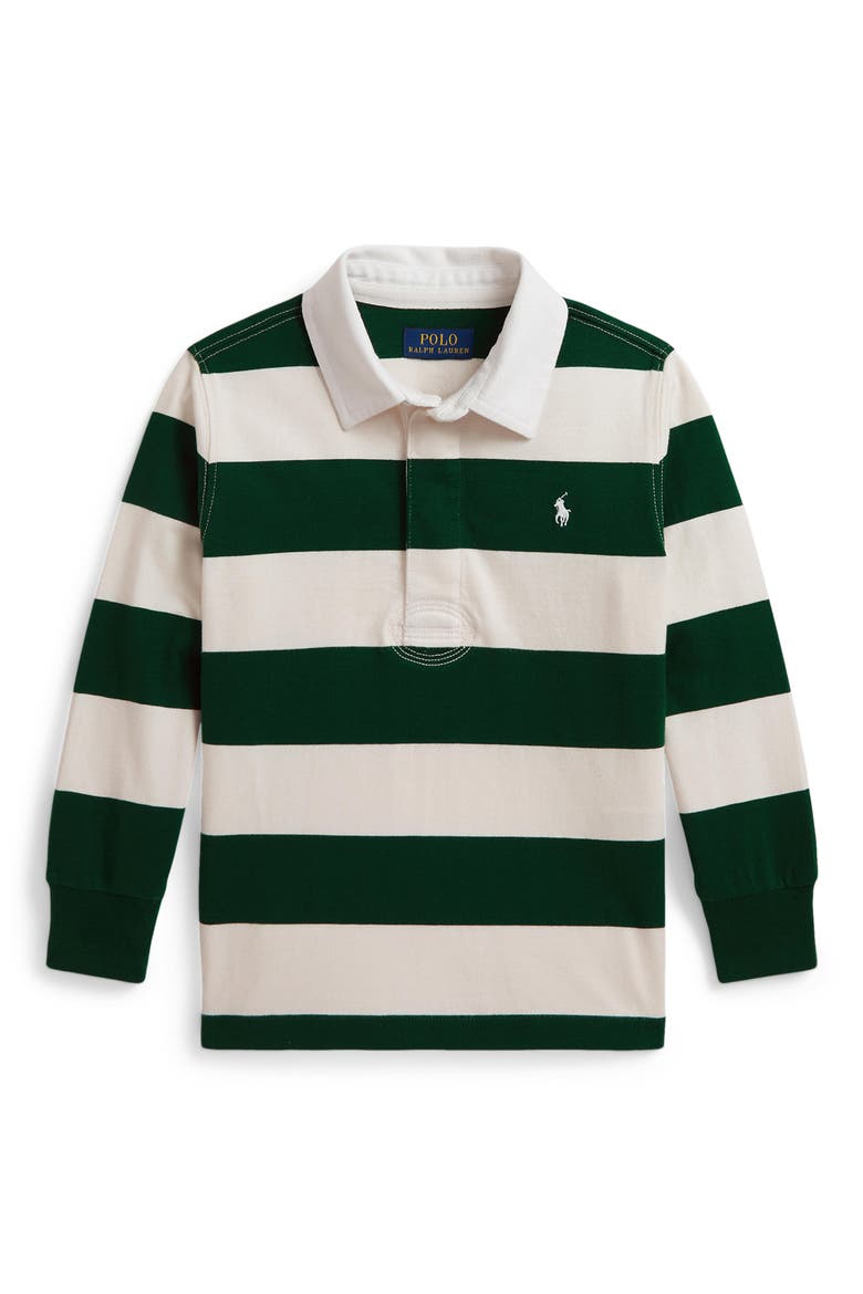 Kids' Stripe Long Sleeve Jersey Rugby Polo, Main, color, HUNTER GREEN/ NEVIS