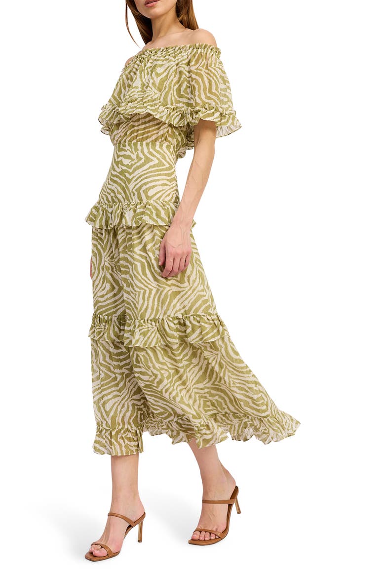 Skylar Off-the-Shoulder Midi Dress, Alternate, color, OFF WHITE CHARTREUSE
