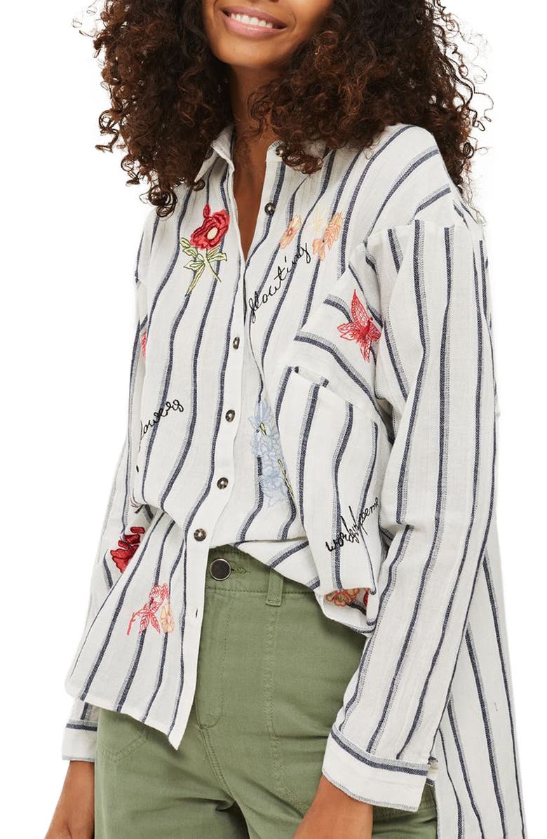 Topshop Floating Floral Embroidered Shirt, Main, color, 