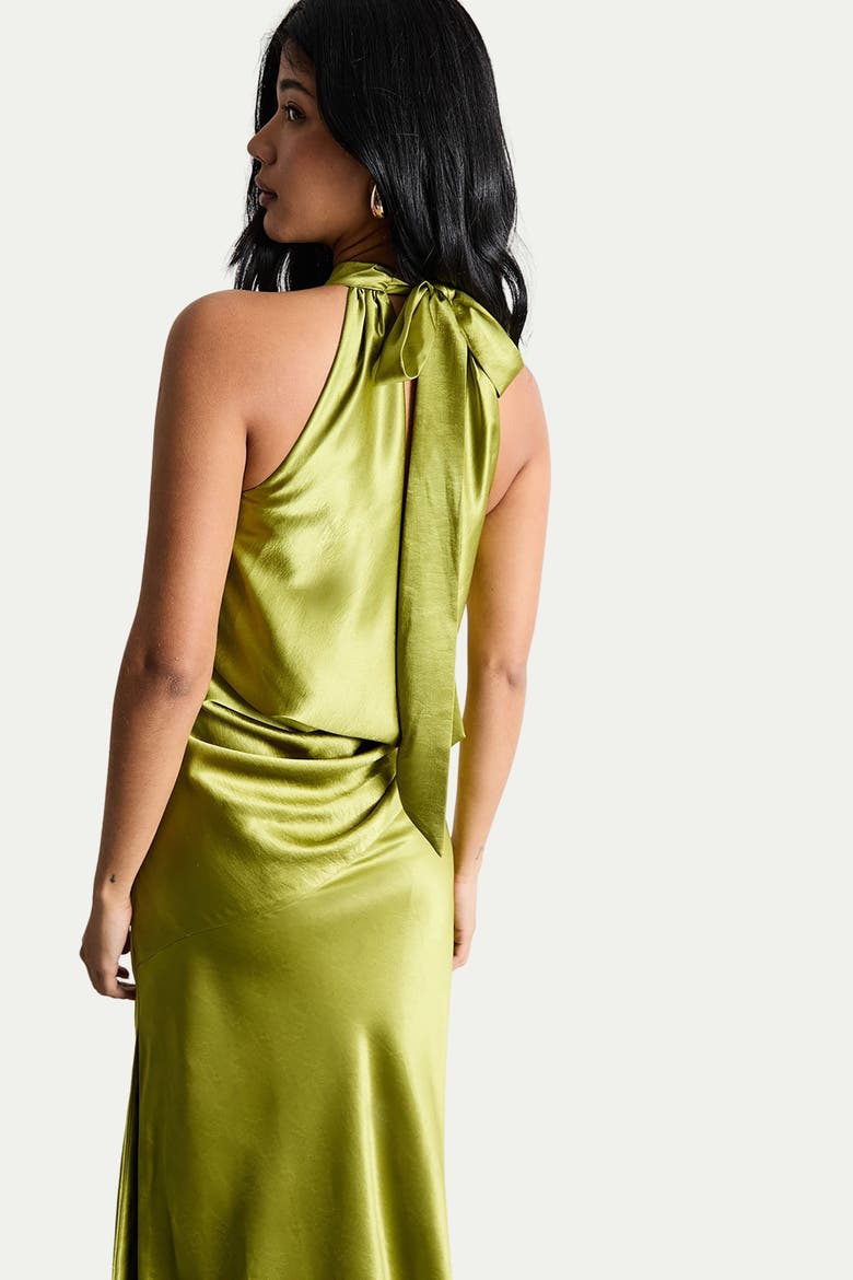 Satin Tie Neck Cowl Maxi Dress, Alternate, color, Olive
