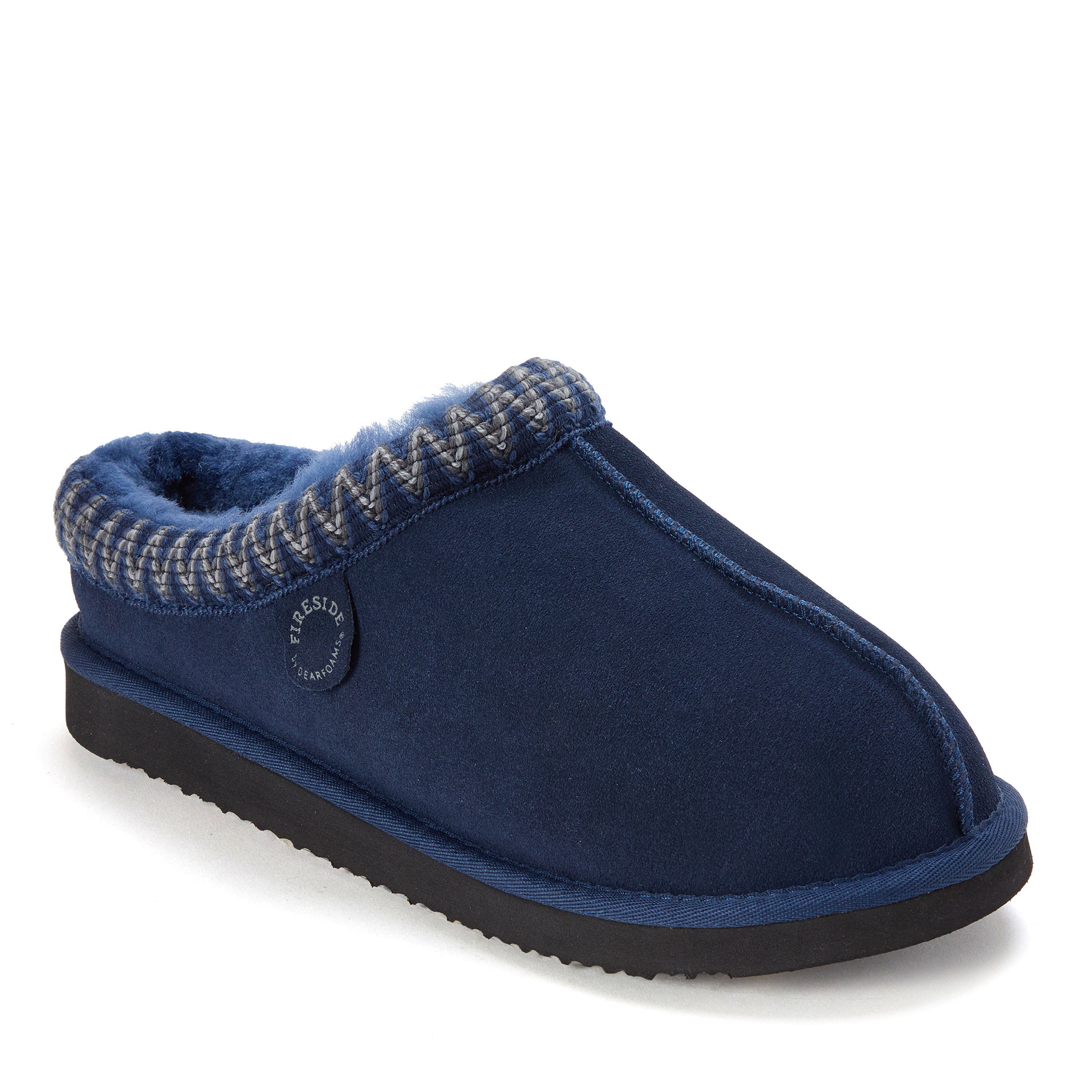 Fireside Grafton Genuine Shearling Clog Slipper with Embroidery, Main, color, DARK BLUE