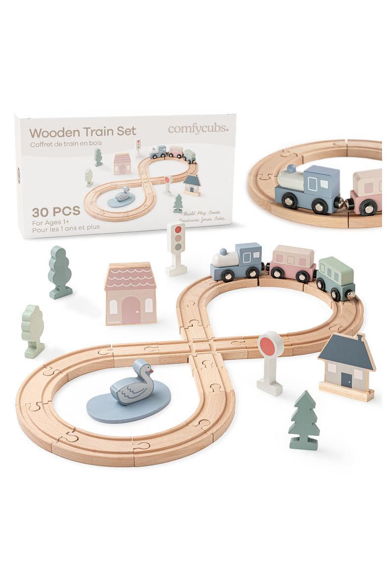30-Piece Wooden Train Set for Toddlers Ages 1+, Main, color, 30 pc Set