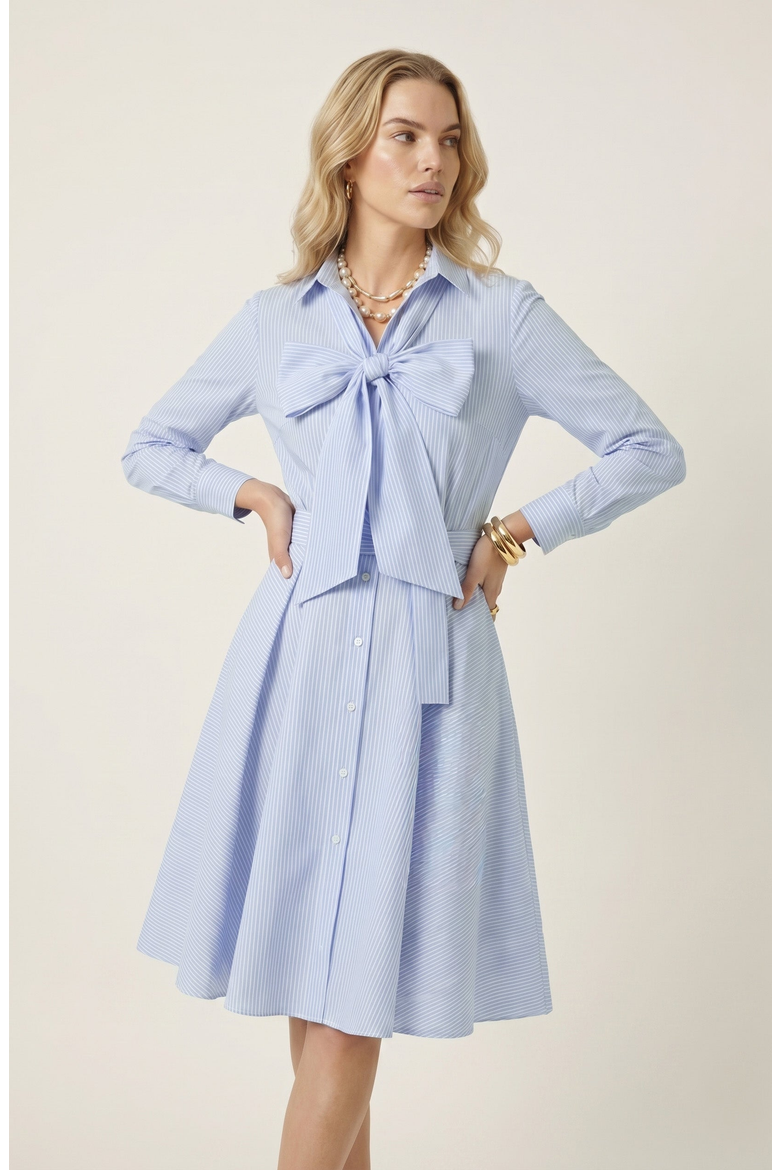 Striped Tie Neck Bow Waist Belt Shirt Dress, Main, color, Light Blue / White Stripes