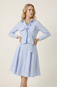 Modenaire Striped Tie Neck Bow Waist Belt Shirt Dress