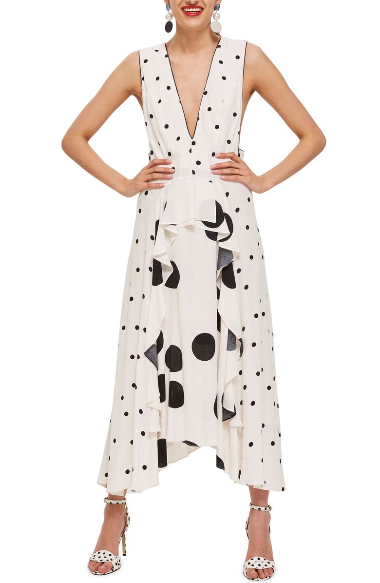 Topshop Mix Spotted Pinafore Midi Dress, Main, color, 