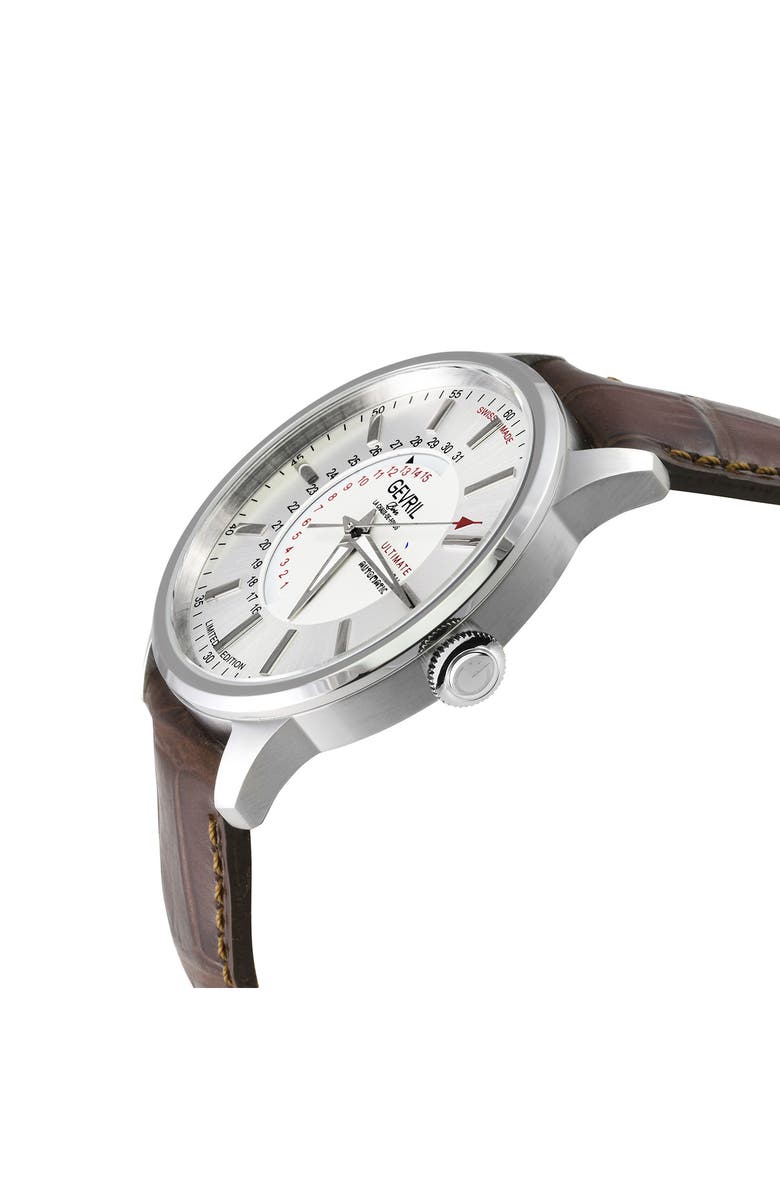 GEVRIL Guggenheim Swiss Automatic Croc Embossed Leather Strap Watch, 44mm, Alternate, color, Brown