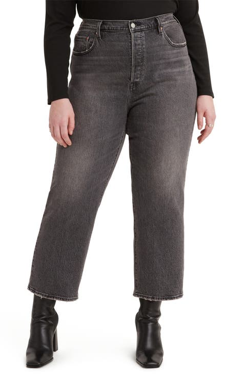 High Waist Straight Leg Ankle Jeans (Black Worn In) (Plus Size)