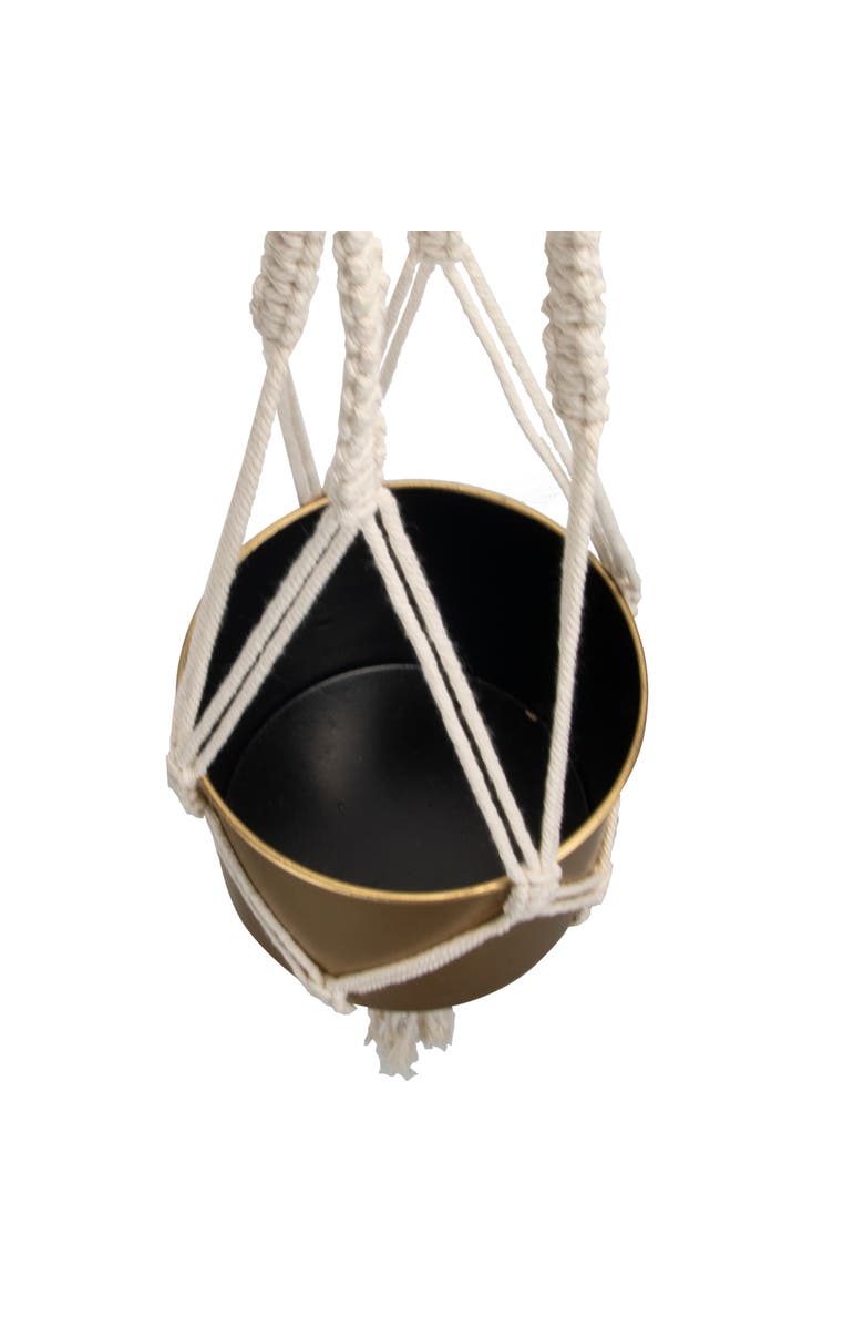 Foreside Home and Garden 4.75" Macrame Rope Gold Metal Hanging Planter Cylinder Pot Indoor Hanging Planter, Alternate, color, Gold