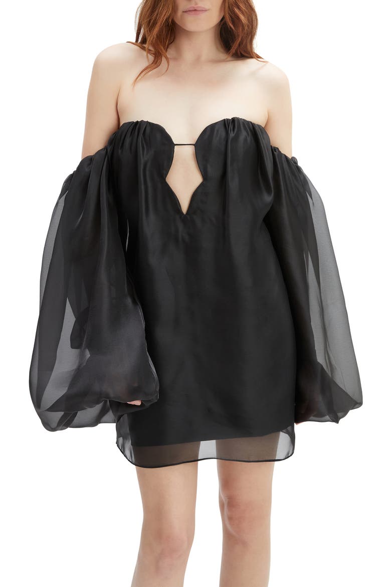 Freda Volume Off the Shoulder Long Sleeve Minidress, Alternate, color, BLACK