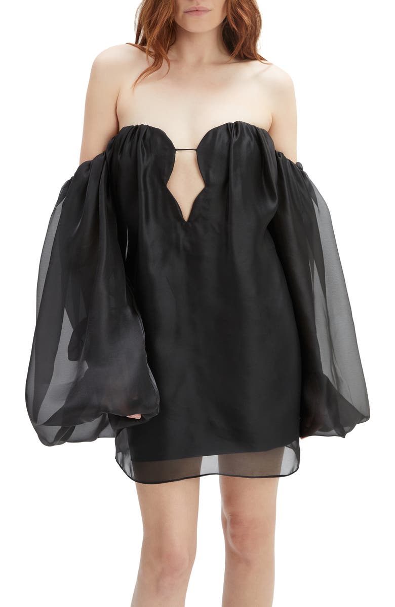 Bardot Freda Volume Off the Shoulder Long Sleeve Minidress, Alternate, color, Black