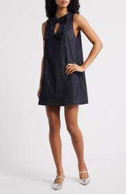 Sister Jane Embellished Bow Keyhole Denim Shift Minidress