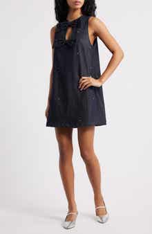 Sister Jane Embellished Bow Keyhole Denim Shift Minidress