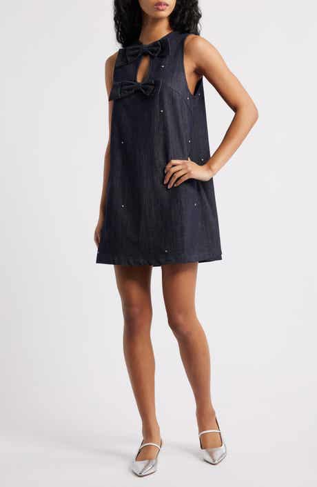 Sister Jane Embellished Bow Keyhole Denim Shift Minidress
