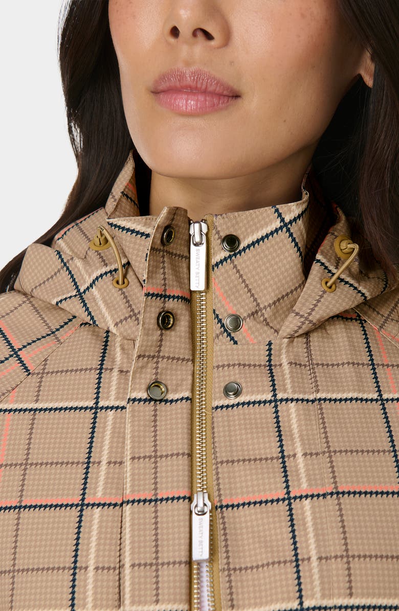 Sweaty Betty Motion Waterproof Parka, Alternate, color, Beige Hounds Check Print