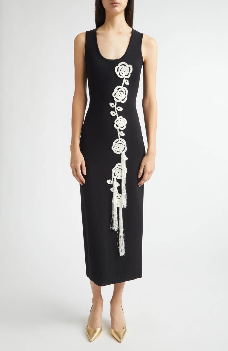Lela Rose Peony Crochet Appliqué Milano Stitch Sweater Dress, Main, color, Black