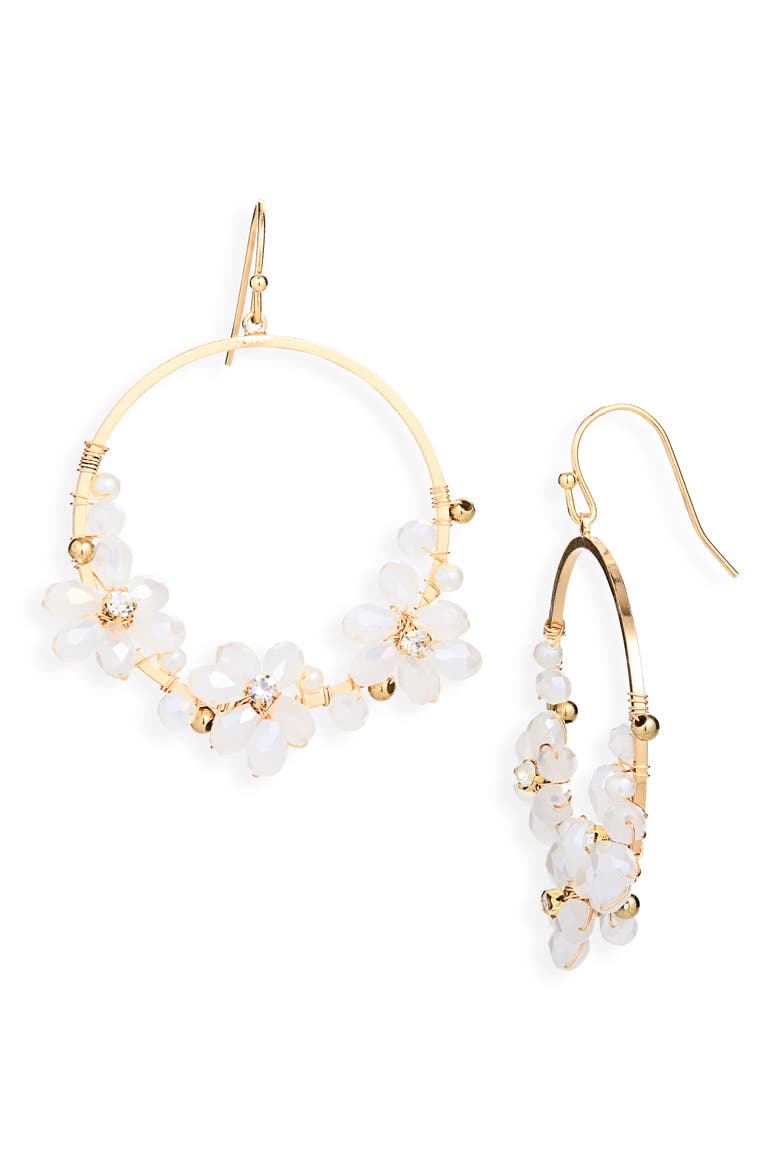 Beaded Flower Hoop Earrings, Main, color, WHITE